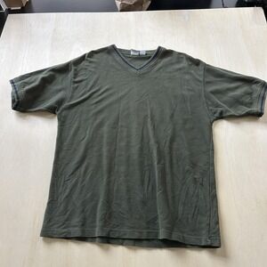 Vintage Y2K Utility Shirt Mens Large Green Solid V-Neck Short Sleeve Casual Tee